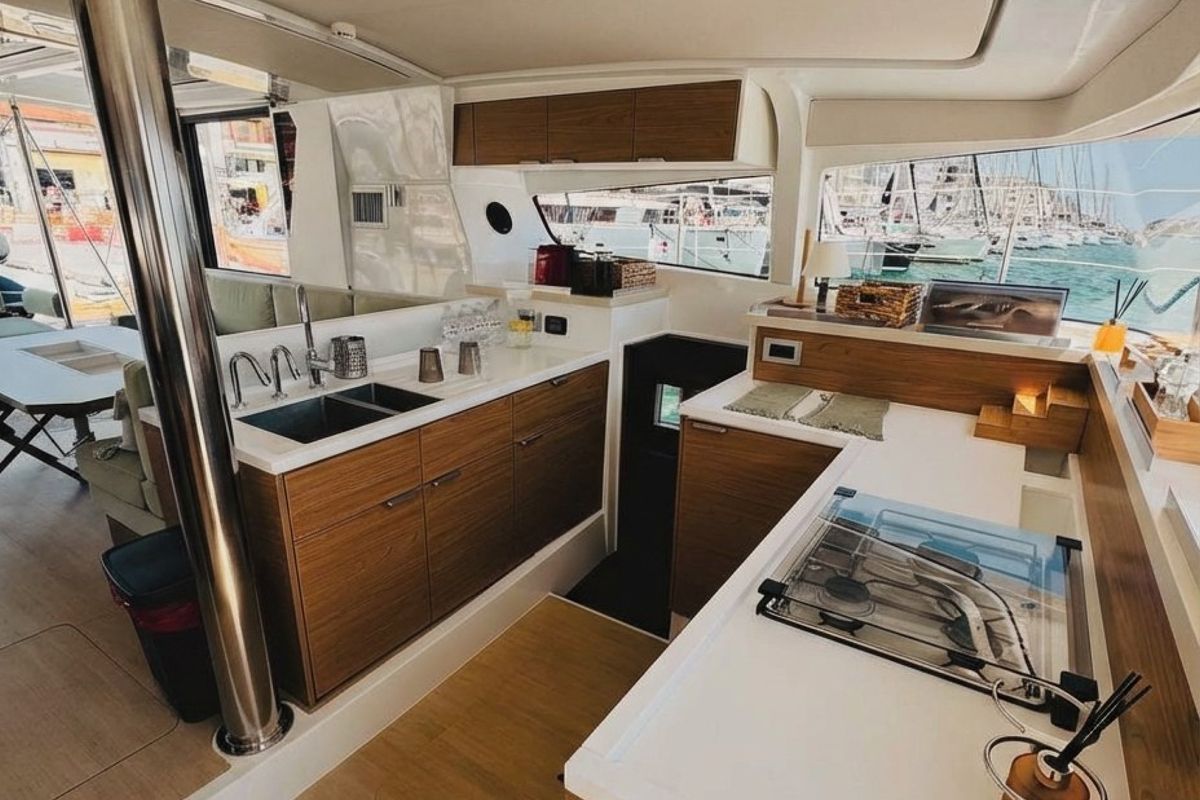 Galley of Leo's Kat, a Bali 4.2 catamaran at Municipal Unit of Lefkada, Greece