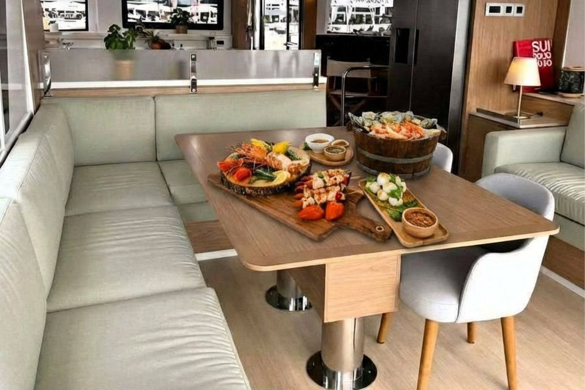 Salon of Leo's Kat, a Bali 4.2 catamaran at Municipal Unit of Lefkada, Greece