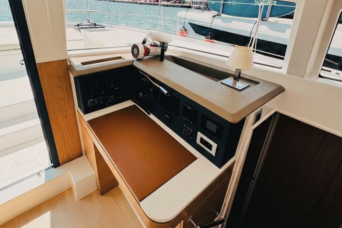 Cockpit of Leo's Kat, a Bali 4.2 catamaran at Municipal Unit of Lefkada, Greece