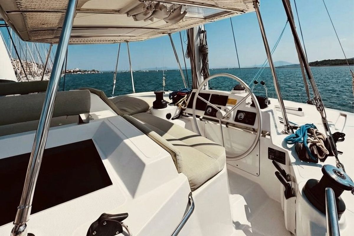 Cockpit of Leo's Kat, a Bali 4.2 catamaran at Municipal Unit of Lefkada, Greece