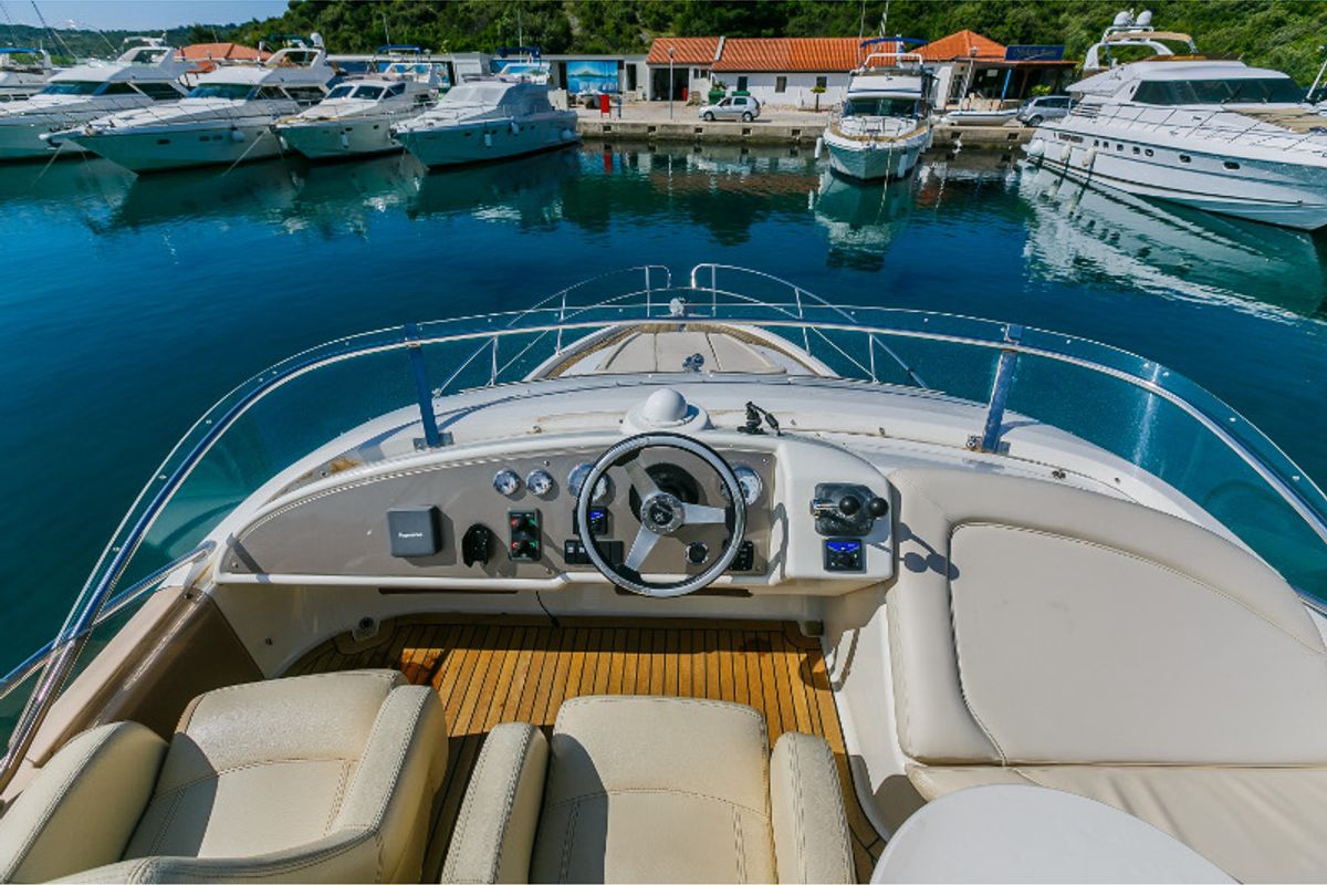 Cockpit of Dodo, a Prestige 36 Fly motorboat at Primošten, Croatia