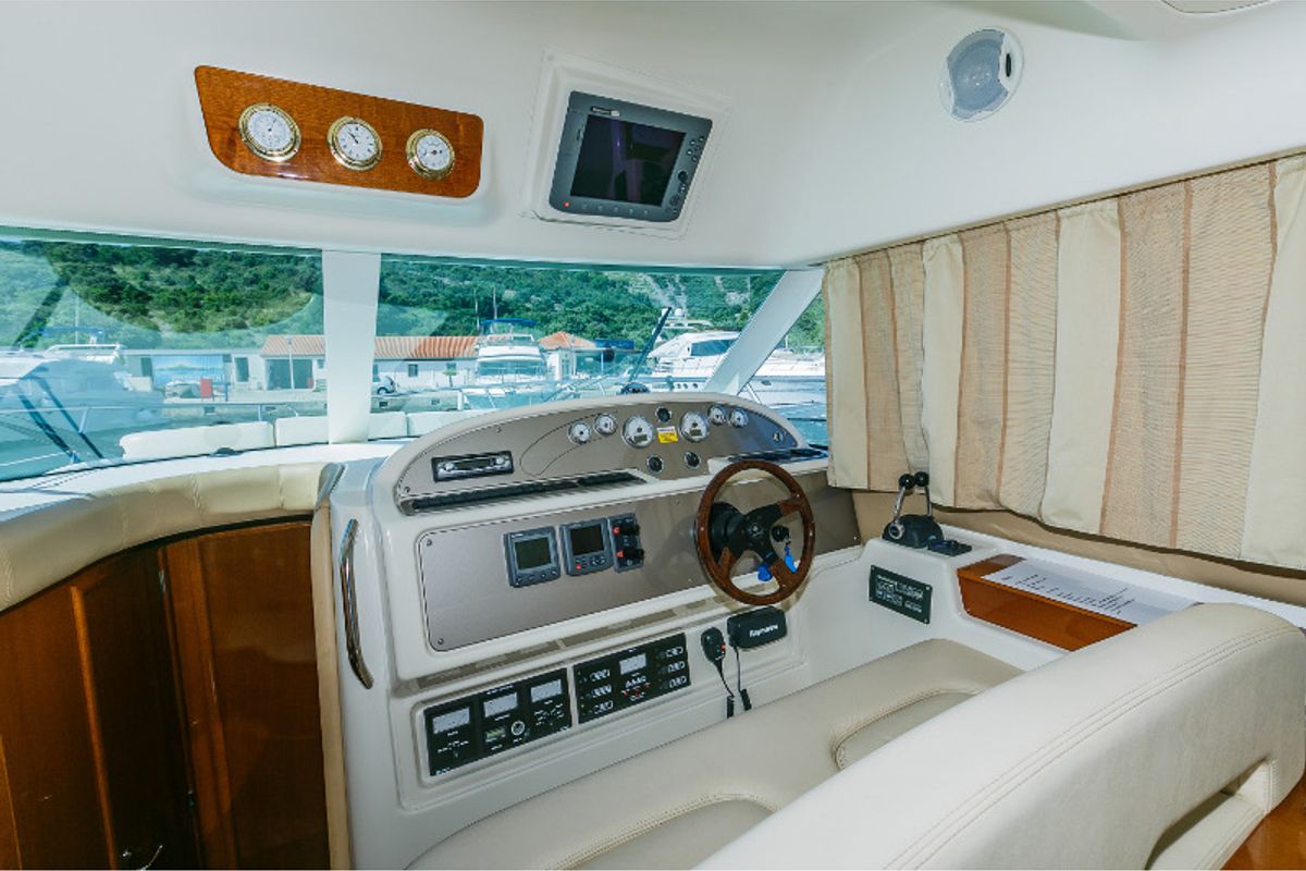 Cockpit of Dodo, a Prestige 36 Fly motorboat at Primošten, Croatia