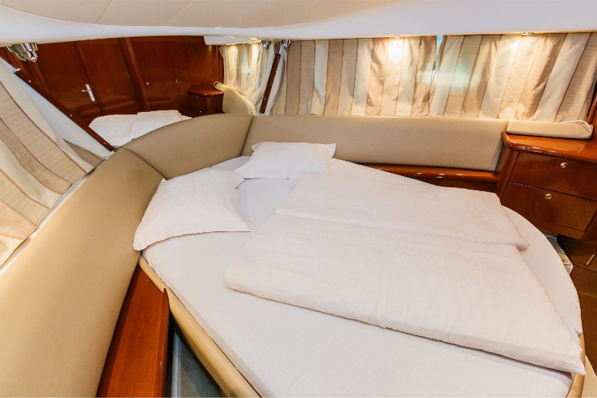 Cabin on Dodo, a Prestige 36 Fly motorboat at Primošten, Croatia