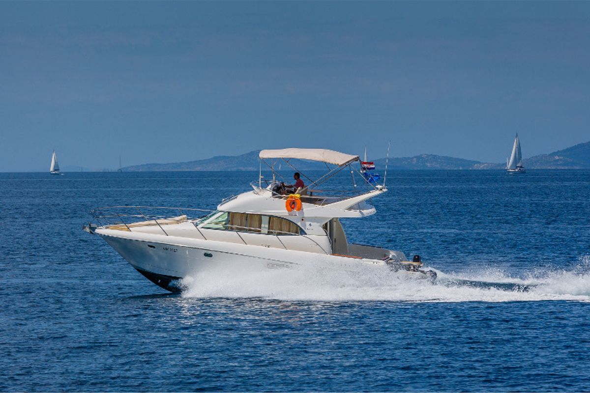 Exterior view of Dodo, a Prestige 36 Fly motorboat at Primošten, Croatia