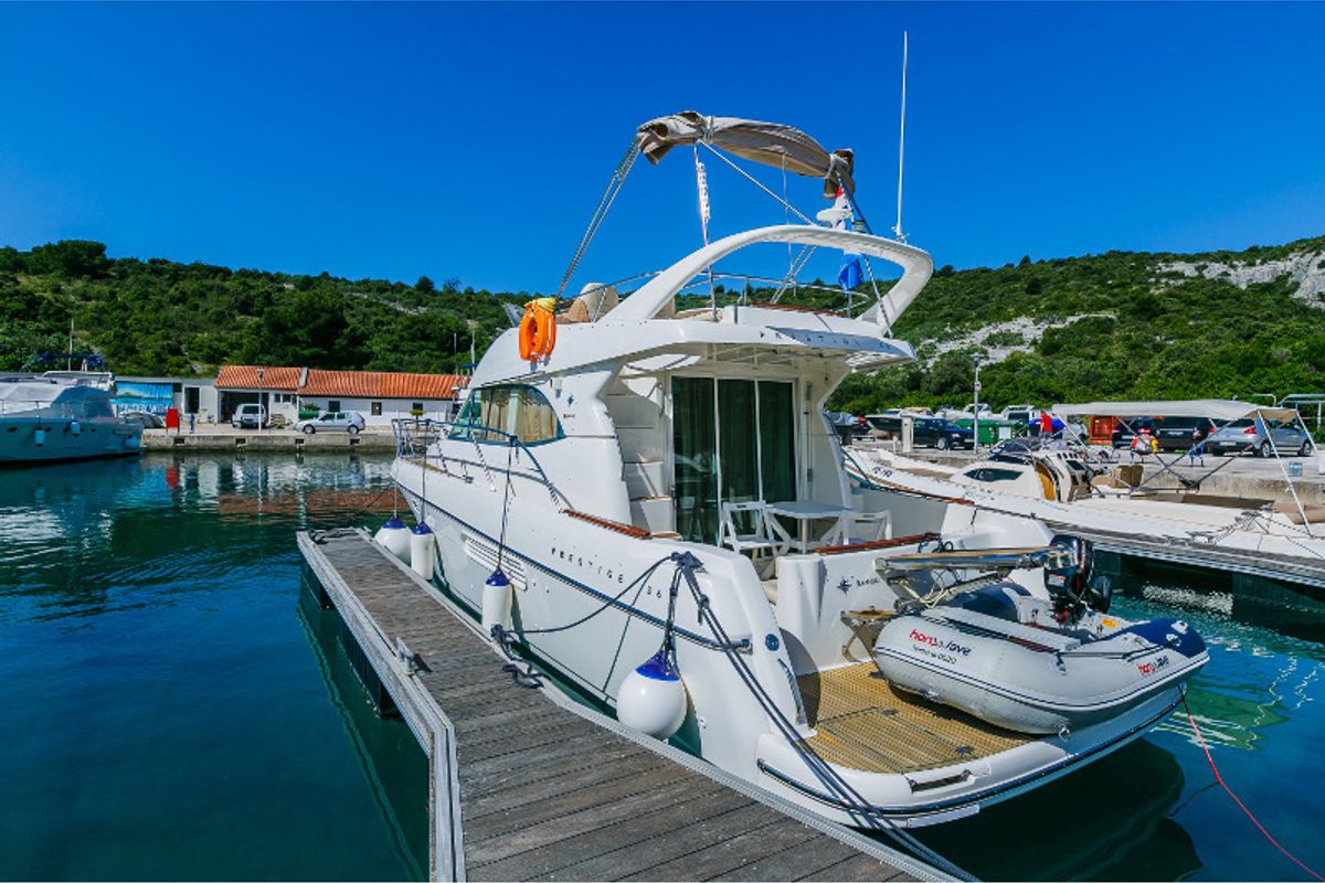 Exterior view of Dodo, a Prestige 36 Fly motorboat at Primošten, Croatia
