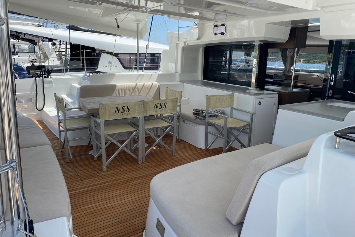 Deck of Rolling Stones, a Lagoon 46 catamaran at Salerno, Italy