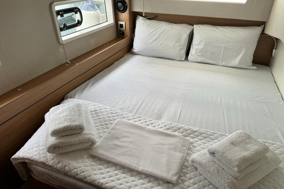 Cabin on Infinity, a Bali 4.2 catamaran at Athens, Greece