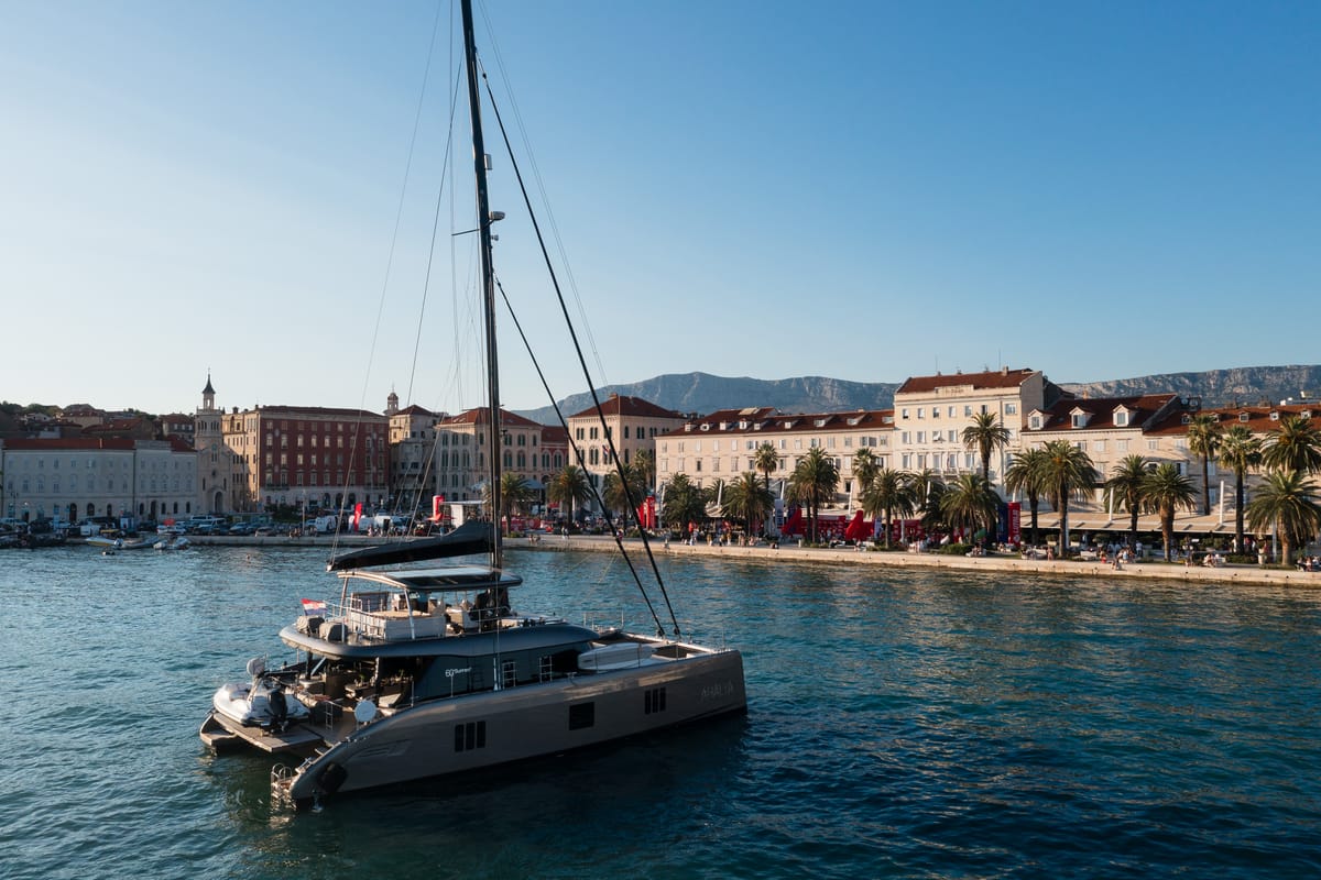 Exterior view of Ahalya, a Sunreef Yachts Sunreef 60 catamaran at Grad Kaštela, Croatia