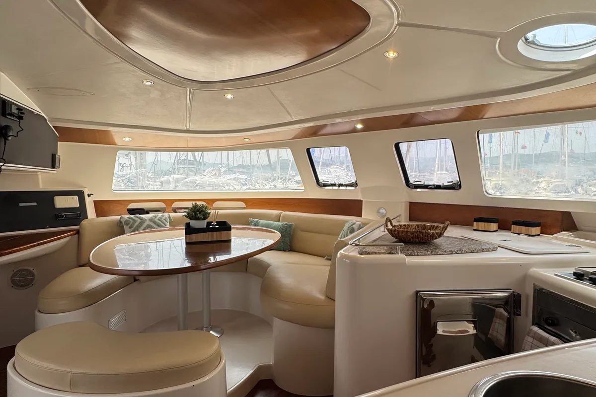 Salon of Artemis K, a Fountaine Pajot Belize 43 - 4 + 2 cab. catamaran at Municipal Unit of Lefkada, Greece