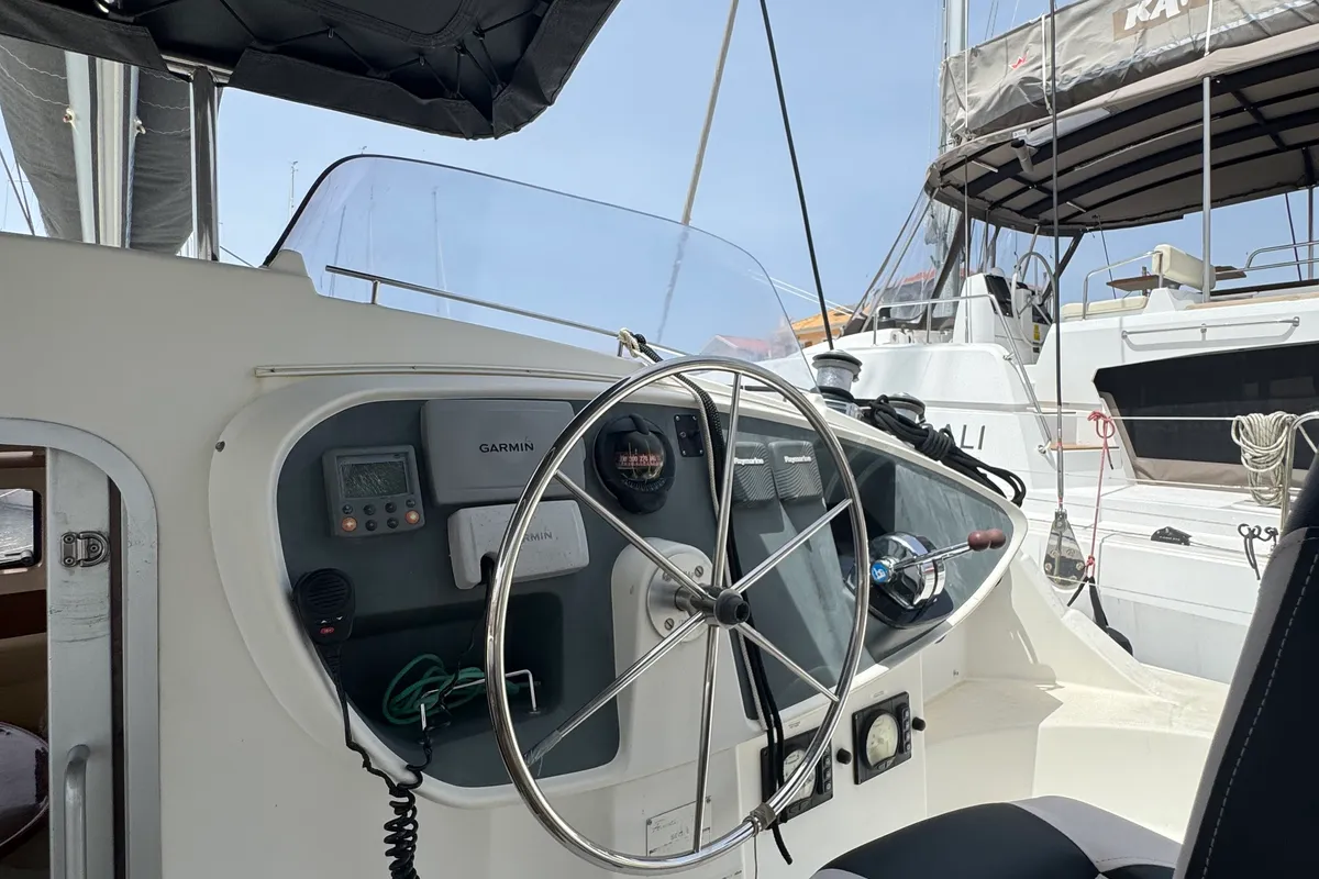 Cockpit of Artemis K, a Fountaine Pajot Belize 43 - 4 + 2 cab. catamaran at Municipal Unit of Lefkada, Greece