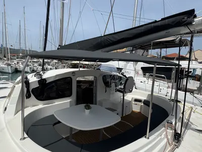 Cockpit of Artemis K, a Fountaine Pajot Belize 43 - 4 + 2 cab. catamaran at Municipal Unit of Lefkada, Greece
