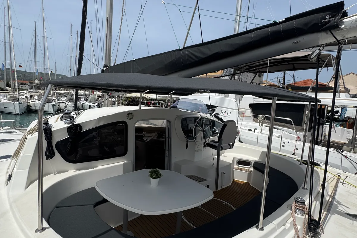 Cockpit of Artemis K, a Fountaine Pajot Belize 43 - 4 + 2 cab. catamaran at Municipal Unit of Lefkada, Greece