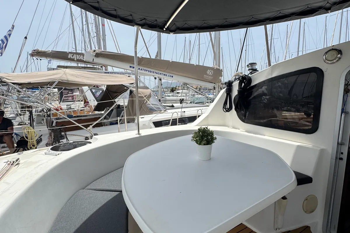 Deck of Artemis K, a Fountaine Pajot Belize 43 - 4 + 2 cab. catamaran at Municipal Unit of Lefkada, Greece