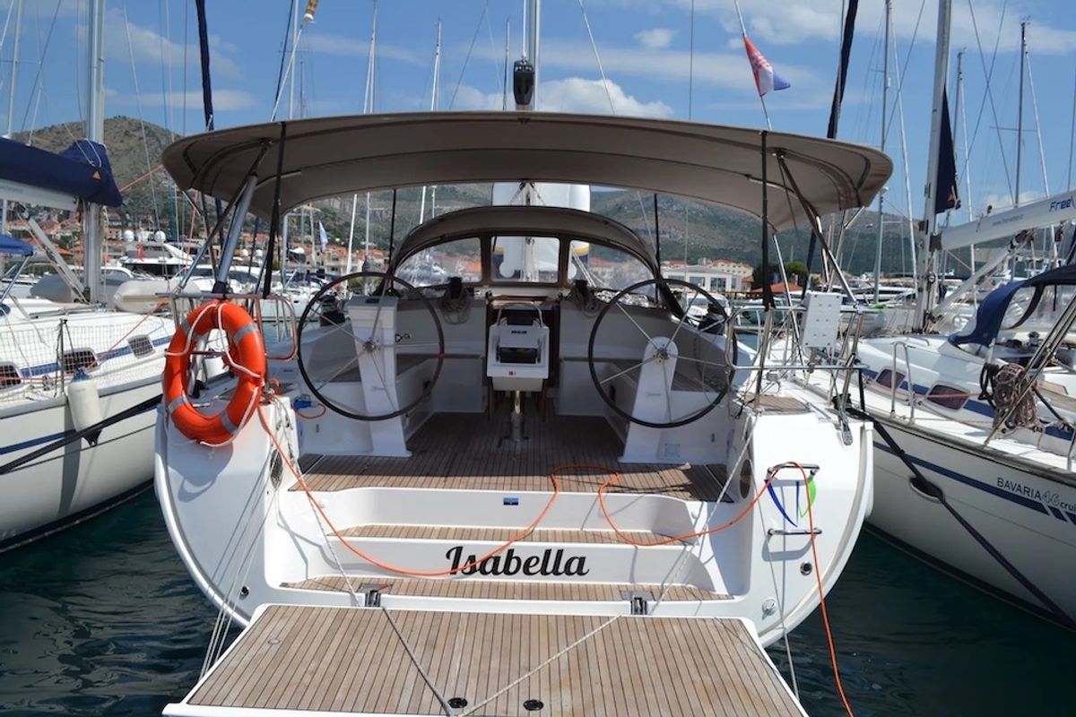 Cockpit of Isabella, a Bavaria Cruiser 51 sailboat at Seget Donji, Croatia