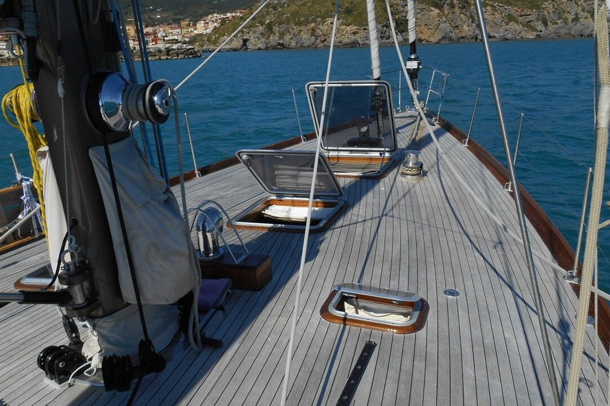 Deck of Clan II, a Gulet Carlini Sciarelli 62.5 sailboat at Syracuse, Italy