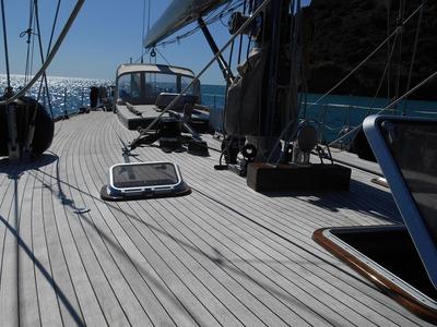 Deck of Clan II, a Gulet Carlini Sciarelli 62.5 sailboat at Syracuse, Italy