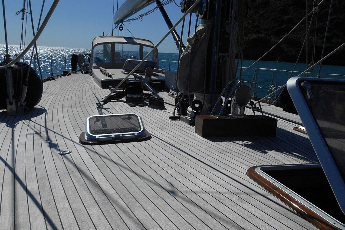 Deck of Clan II, a Gulet Carlini Sciarelli 62.5 sailboat at Syracuse, Italy