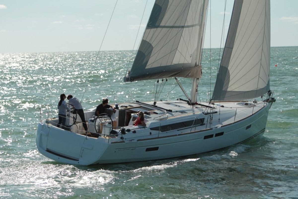 Exterior view of Blue Heaven, a Jeanneau Sun Odyssey 469 sailboat at Benitses, Greece