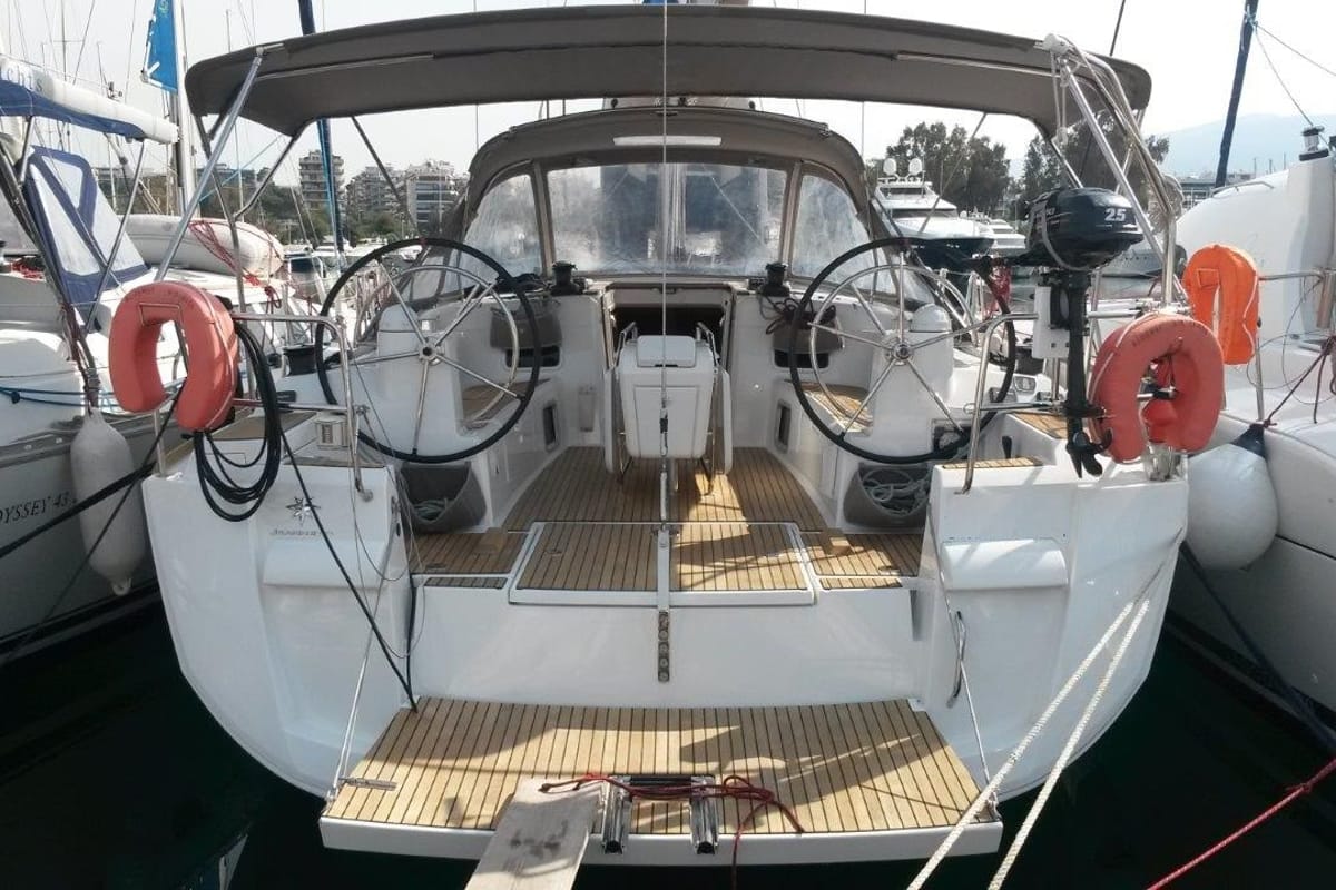 Cockpit of Blue Heaven, a Jeanneau Sun Odyssey 469 sailboat at Benitses, Greece