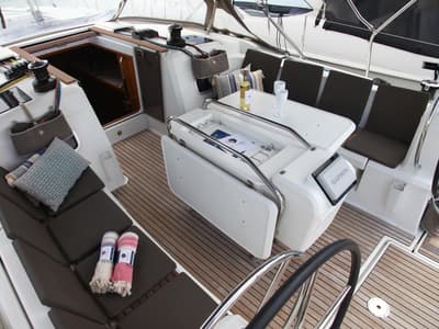 Deck of Blue Heaven, a Jeanneau Sun Odyssey 469 sailboat at Benitses, Greece