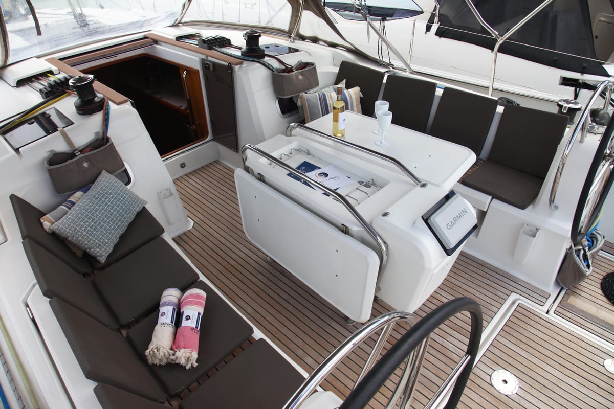 Deck of Blue Heaven, a Jeanneau Sun Odyssey 469 sailboat at Benitses, Greece