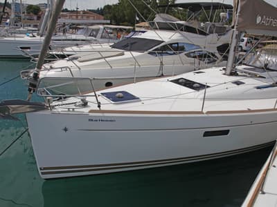 Exterior view of Blue Heaven, a Jeanneau Sun Odyssey 469 sailboat at Benitses, Greece