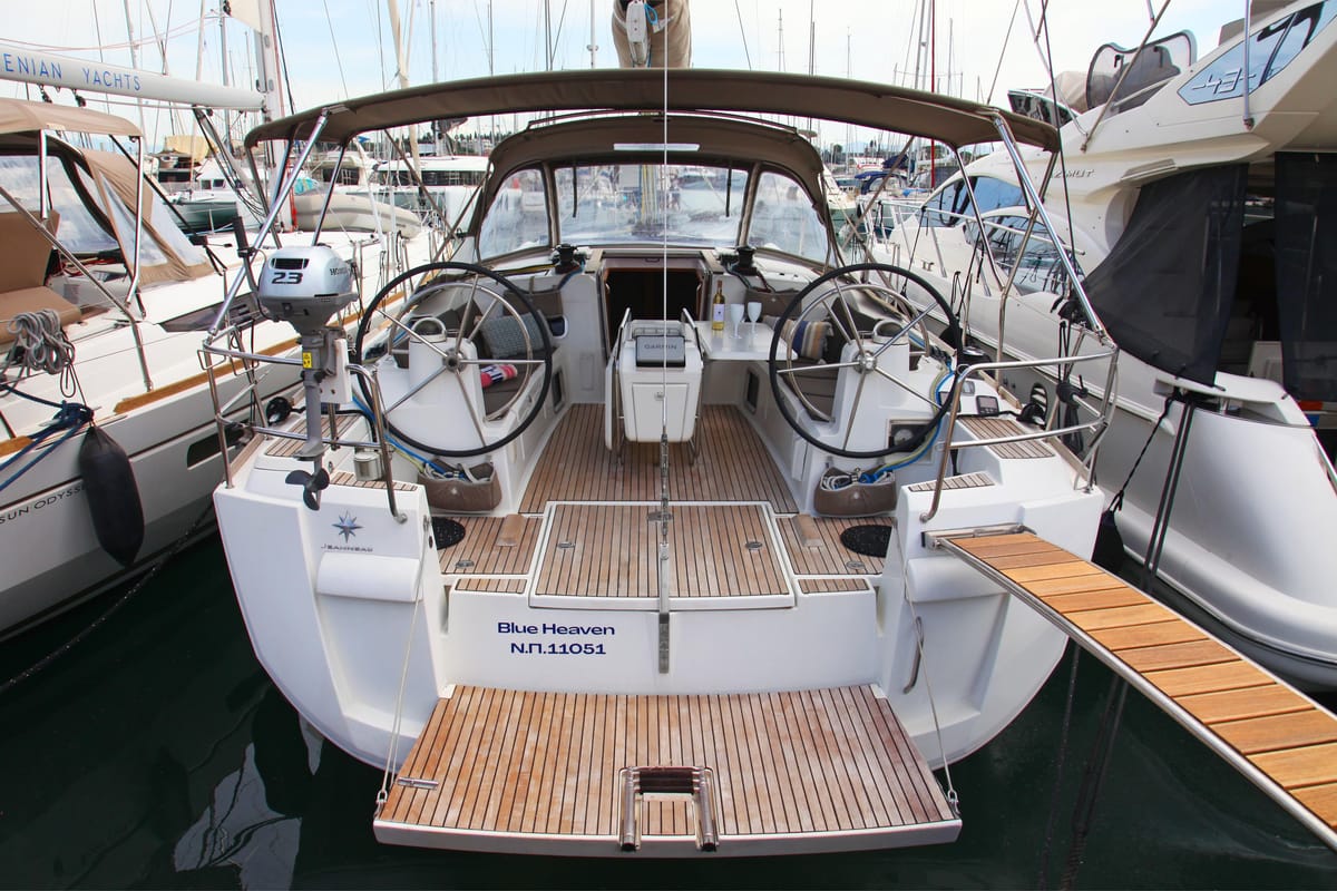 Cockpit of Blue Heaven, a Jeanneau Sun Odyssey 469 sailboat at Benitses, Greece