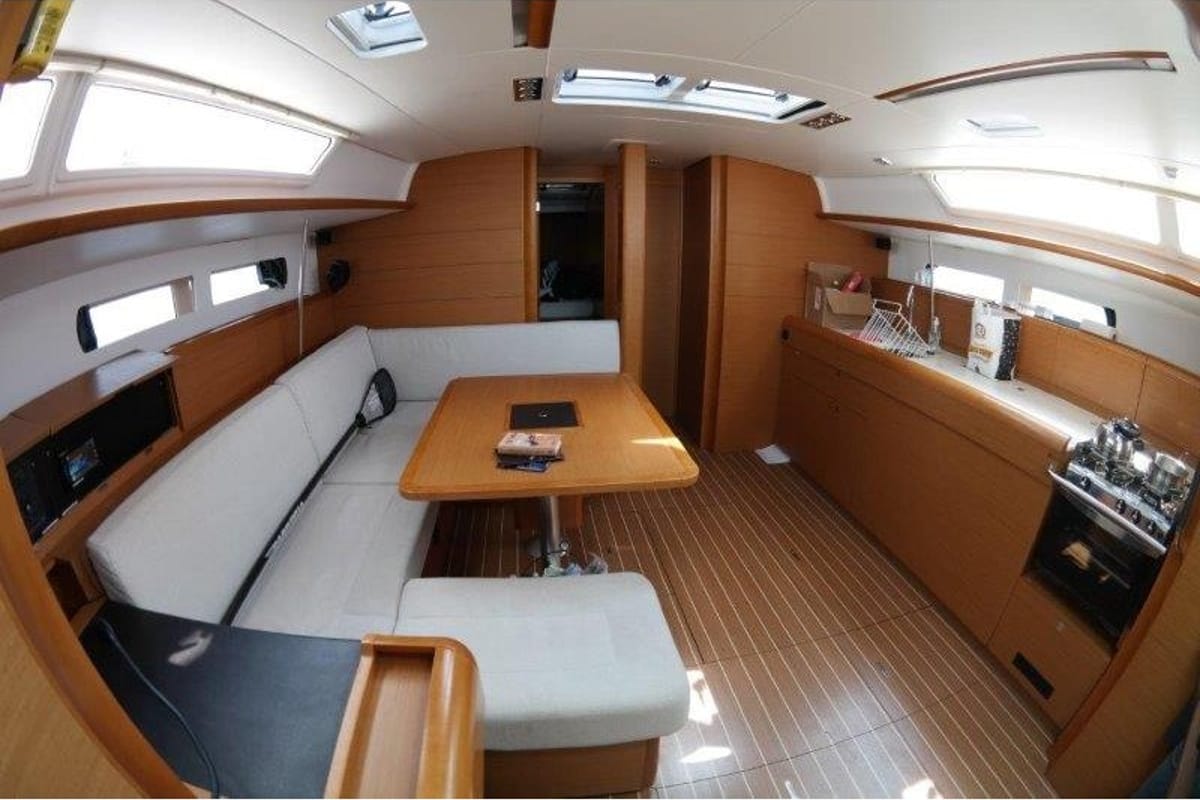 Salon of Blue Heaven, a Jeanneau Sun Odyssey 469 sailboat at Benitses, Greece