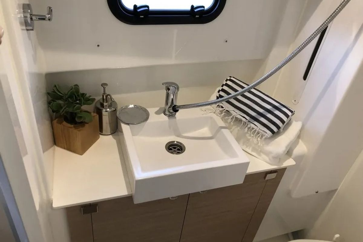 Galley of COSTAR, a Bali 4.1 catamaran at Rosignano Solvay, Italy