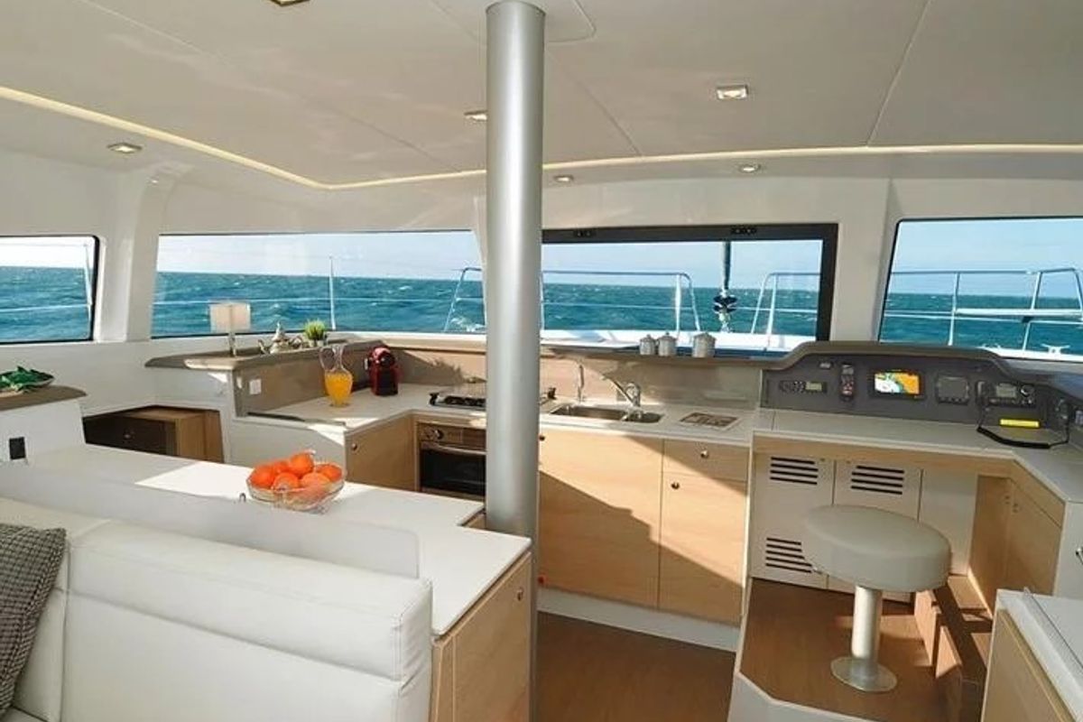 Cockpit of COSTAR, a Bali 4.1 catamaran at Rosignano Solvay, Italy