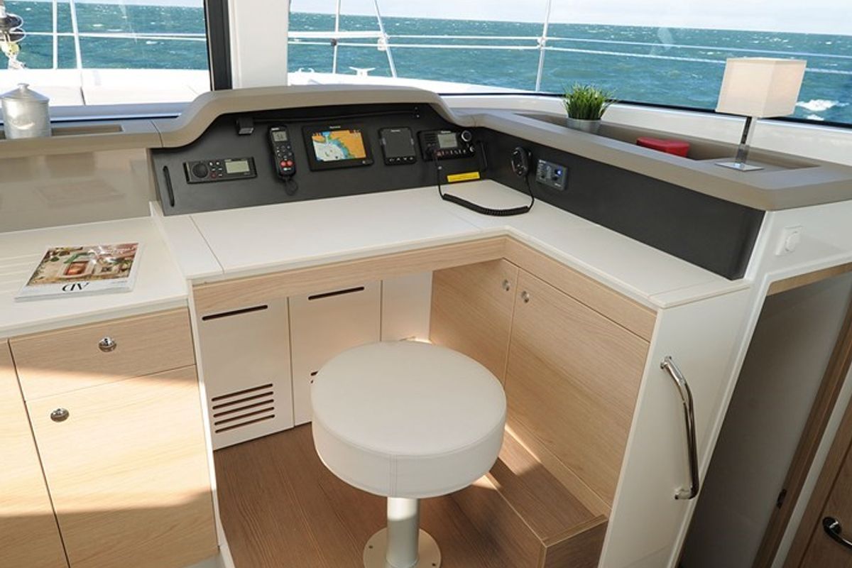 Cockpit of COSTAR, a Bali 4.1 catamaran at Rosignano Solvay, Italy