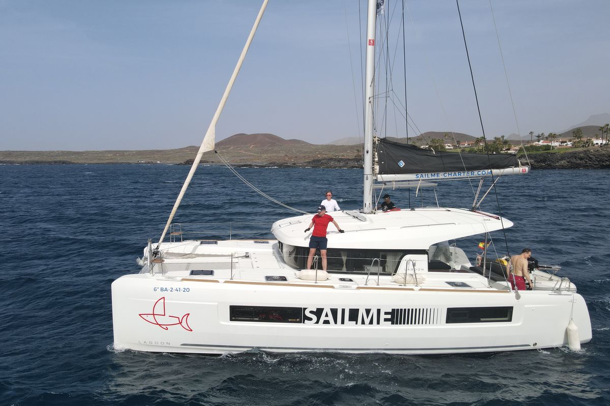 Exterior view of Eskimo, a Lagoon 40 catamaran at Ibiza, Spain