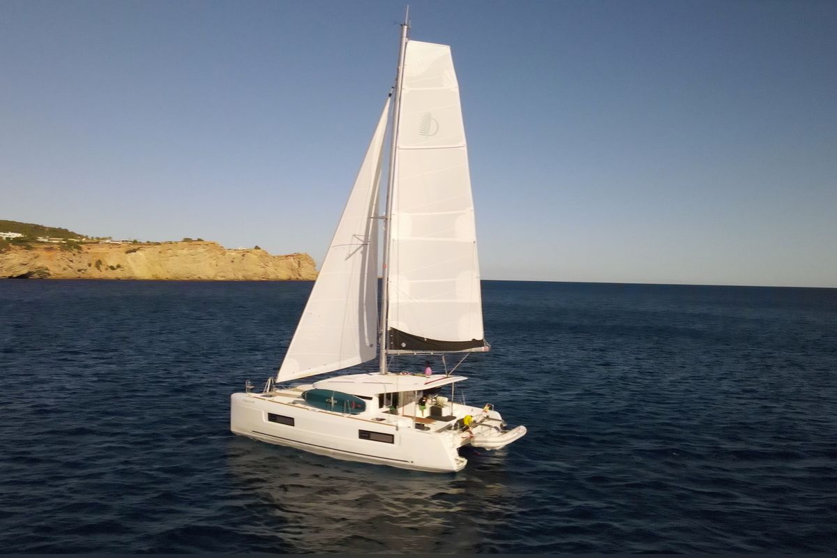 Exterior view of Eskimo, a Lagoon 40 catamaran at Ibiza, Spain