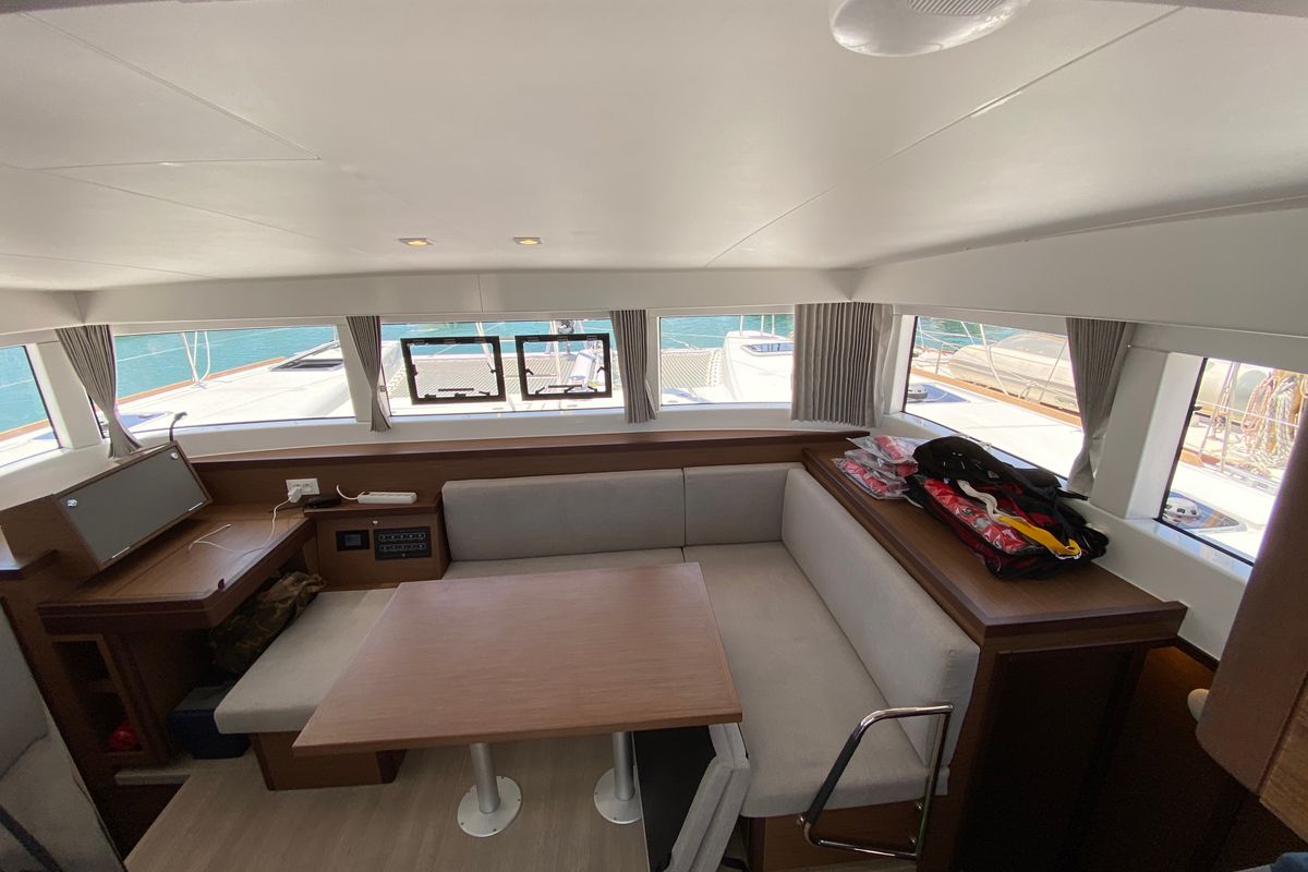 Salon of Eskimo, a Lagoon 40 catamaran at Ibiza, Spain