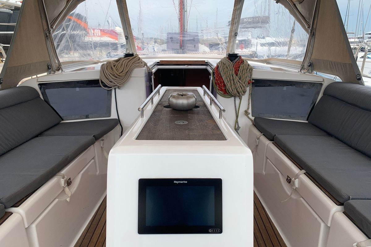 Deck of Barracuda, a Dufour 390 GL sailboat at Lavreotiki Municipal Unit, Greece