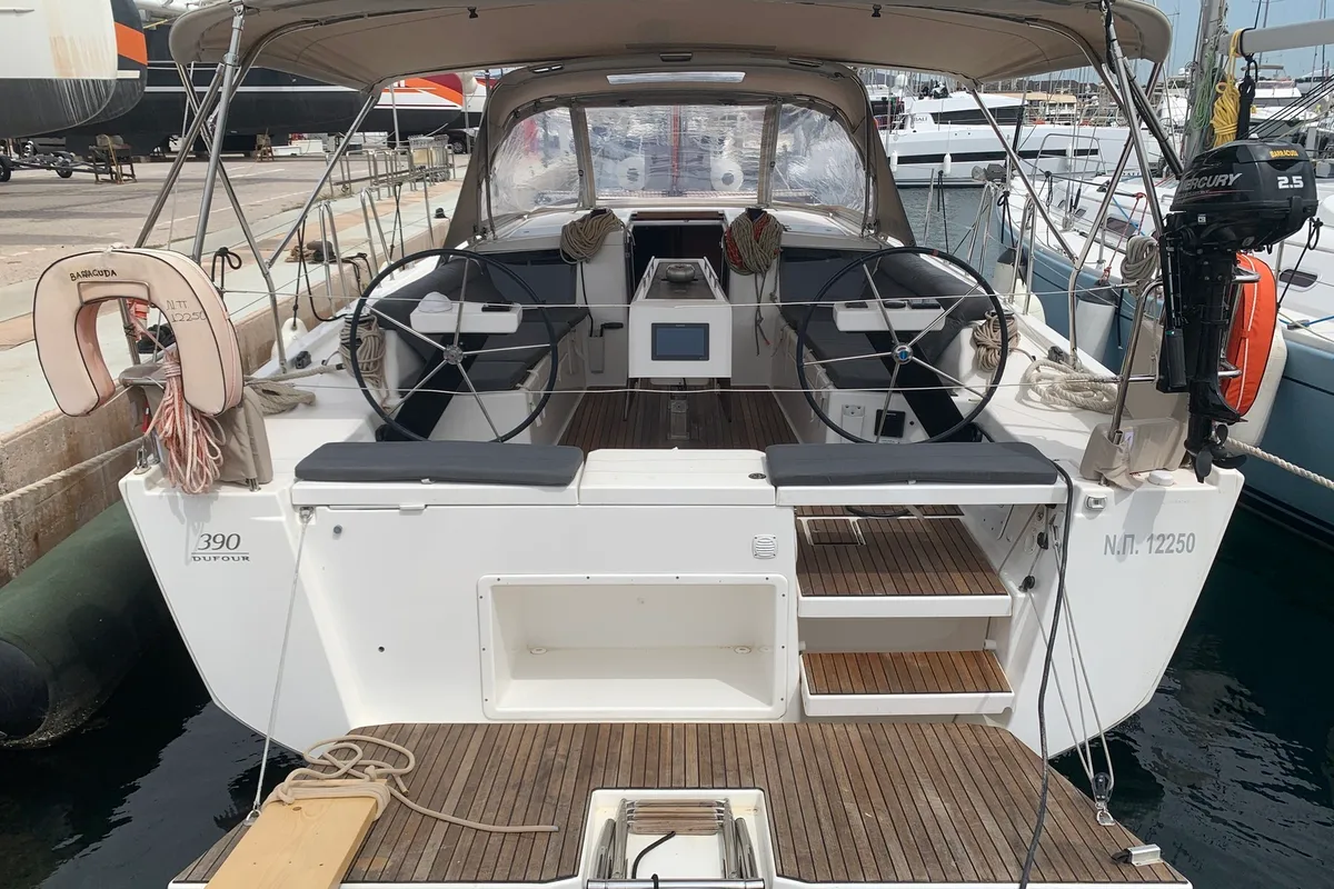 Exterior view of Barracuda, a Dufour 390 GL sailboat at Lavreotiki Municipal Unit, Greece