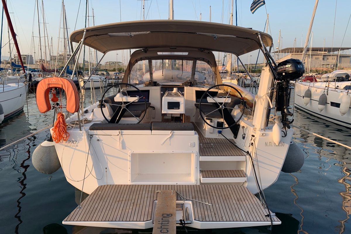 Exterior view of Barracuda, a Dufour 390 GL sailboat at Lavreotiki Municipal Unit, Greece