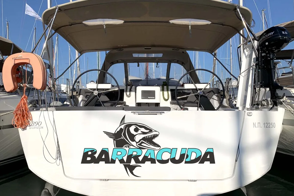 Exterior view of Barracuda, a Dufour 390 GL sailboat at Lavreotiki Municipal Unit, Greece