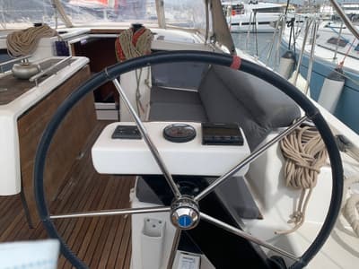 Cockpit of Barracuda, a Dufour 390 GL sailboat at Lavreotiki Municipal Unit, Greece