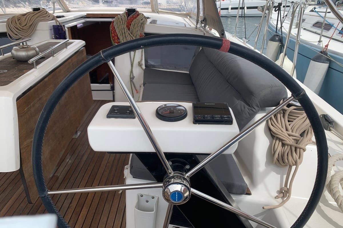 Cockpit of Barracuda, a Dufour 390 GL sailboat at Lavreotiki Municipal Unit, Greece