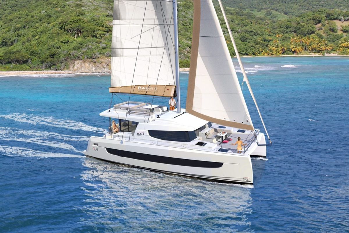 Exterior view of OLIVIA, a Bali 4.4 catamaran at Sant Antoni de Portmany, Spain