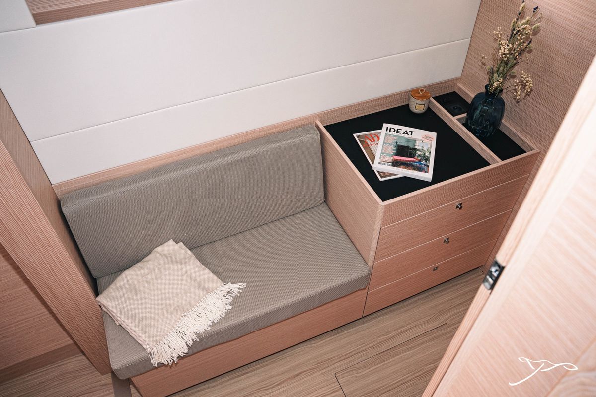 Salon of Polé Polé, a Nautitech 40 Open catamaran at Grimaud, France