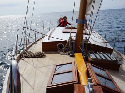 Deck of Black Bird, a Unknown Pilot Cutter sailboat at Grad Pula, Croatia
