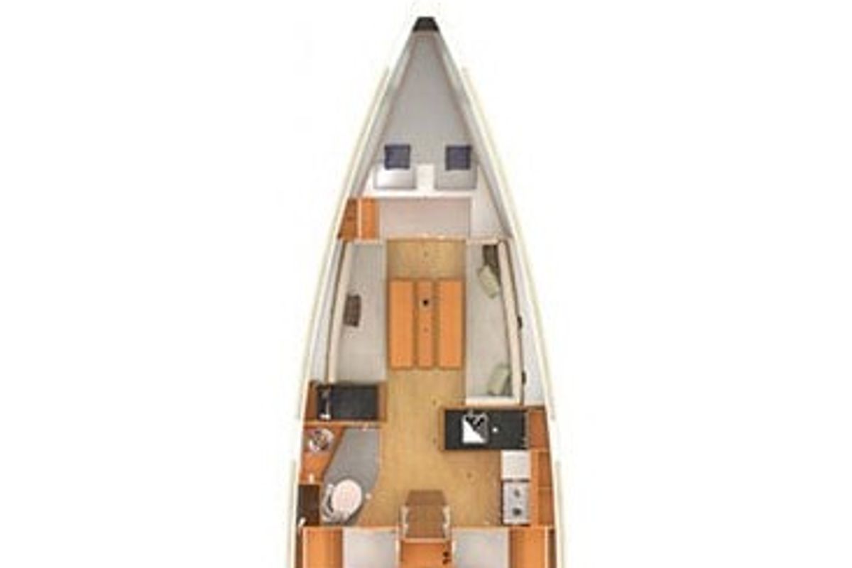 Floor plan of Mon Amour, a Jeanneau Sun Odyssey 349 sailboat at Tonnarella, Italy