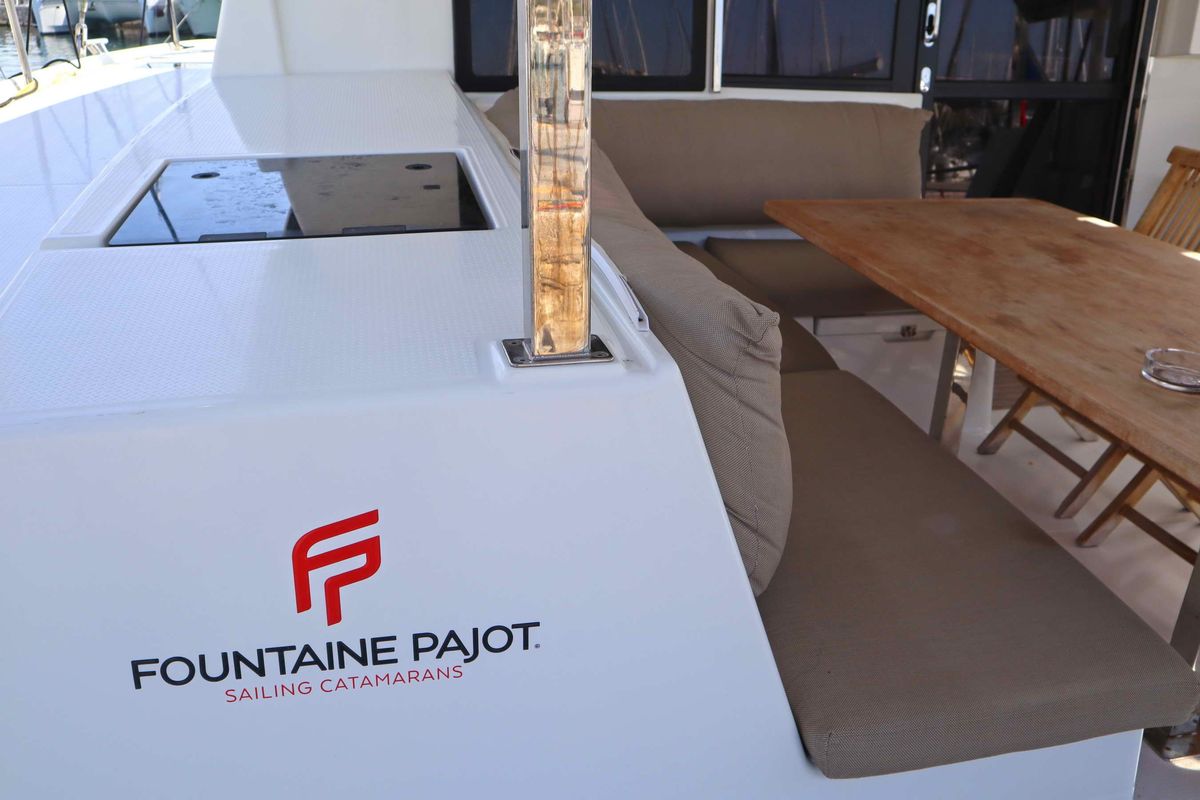 Deck of ALISA, a Fountaine Pajot Lucia 40 catamaran at Municipal Unit of Lefkada, Greece