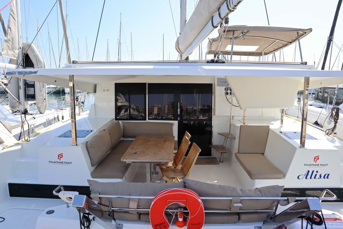 Deck of ALISA, a Fountaine Pajot Lucia 40 catamaran at Municipal Unit of Lefkada, Greece