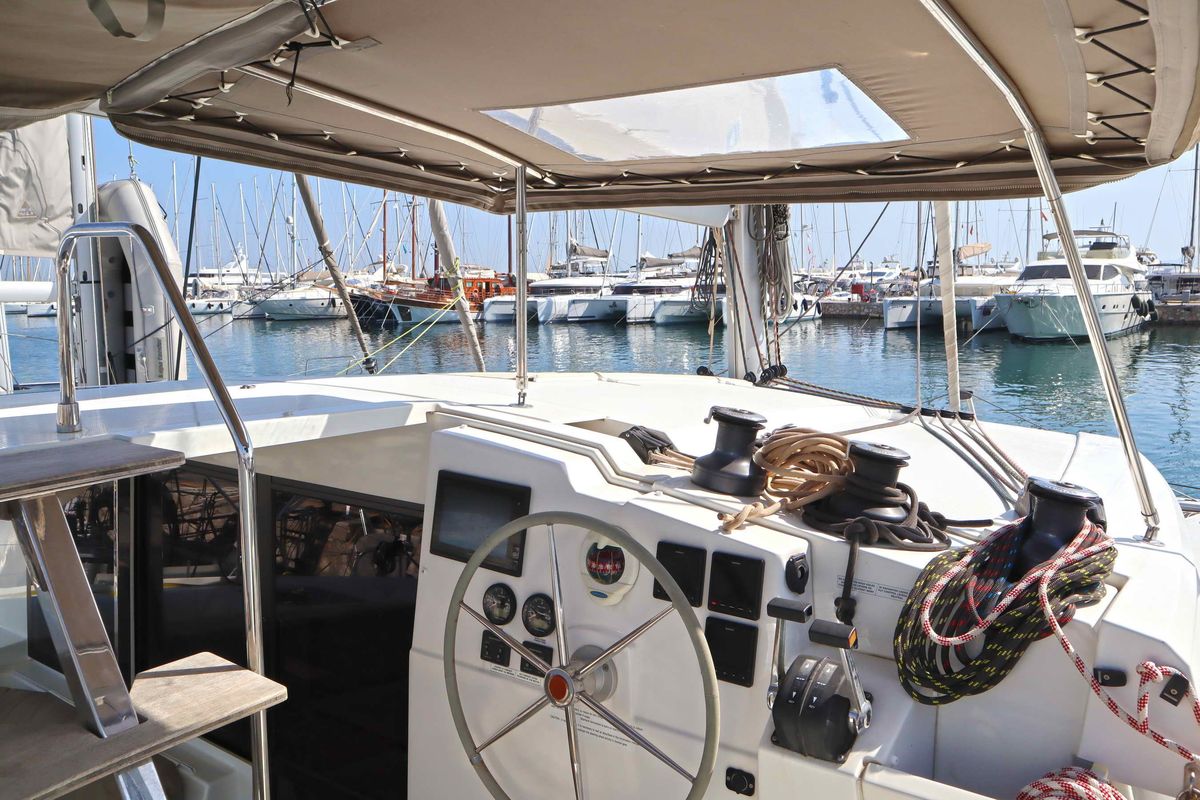 Cockpit of ALISA, a Fountaine Pajot Lucia 40 catamaran at Municipal Unit of Lefkada, Greece