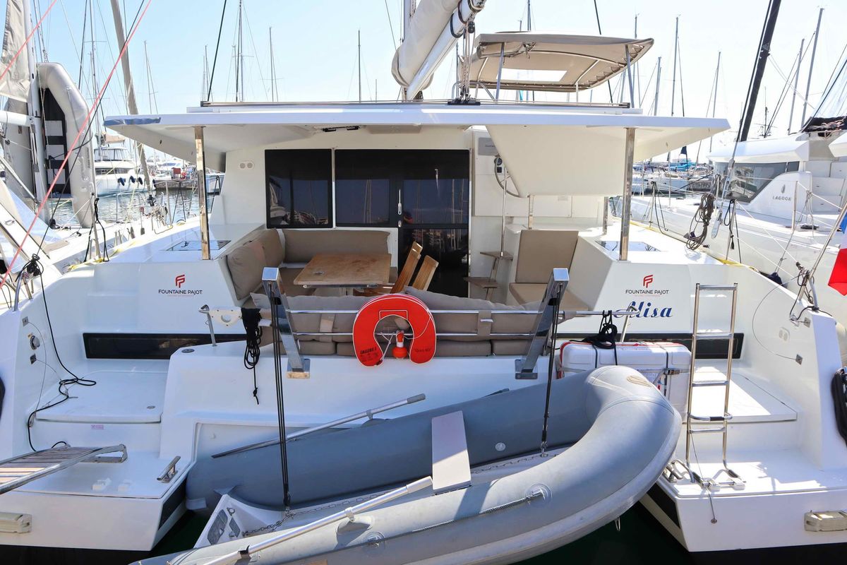 Exterior view of ALISA, a Fountaine Pajot Lucia 40 catamaran at Municipal Unit of Lefkada, Greece