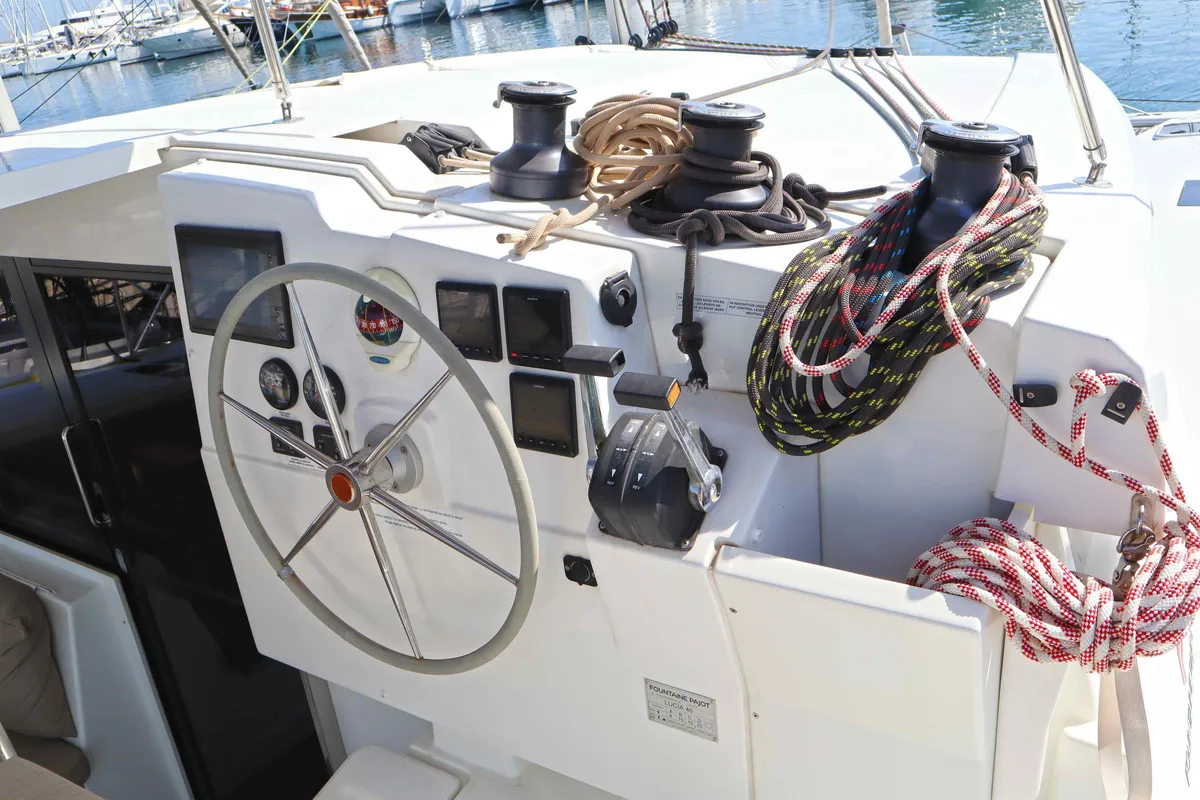 Cockpit of ALISA, a Fountaine Pajot Lucia 40 catamaran at Municipal Unit of Lefkada, Greece