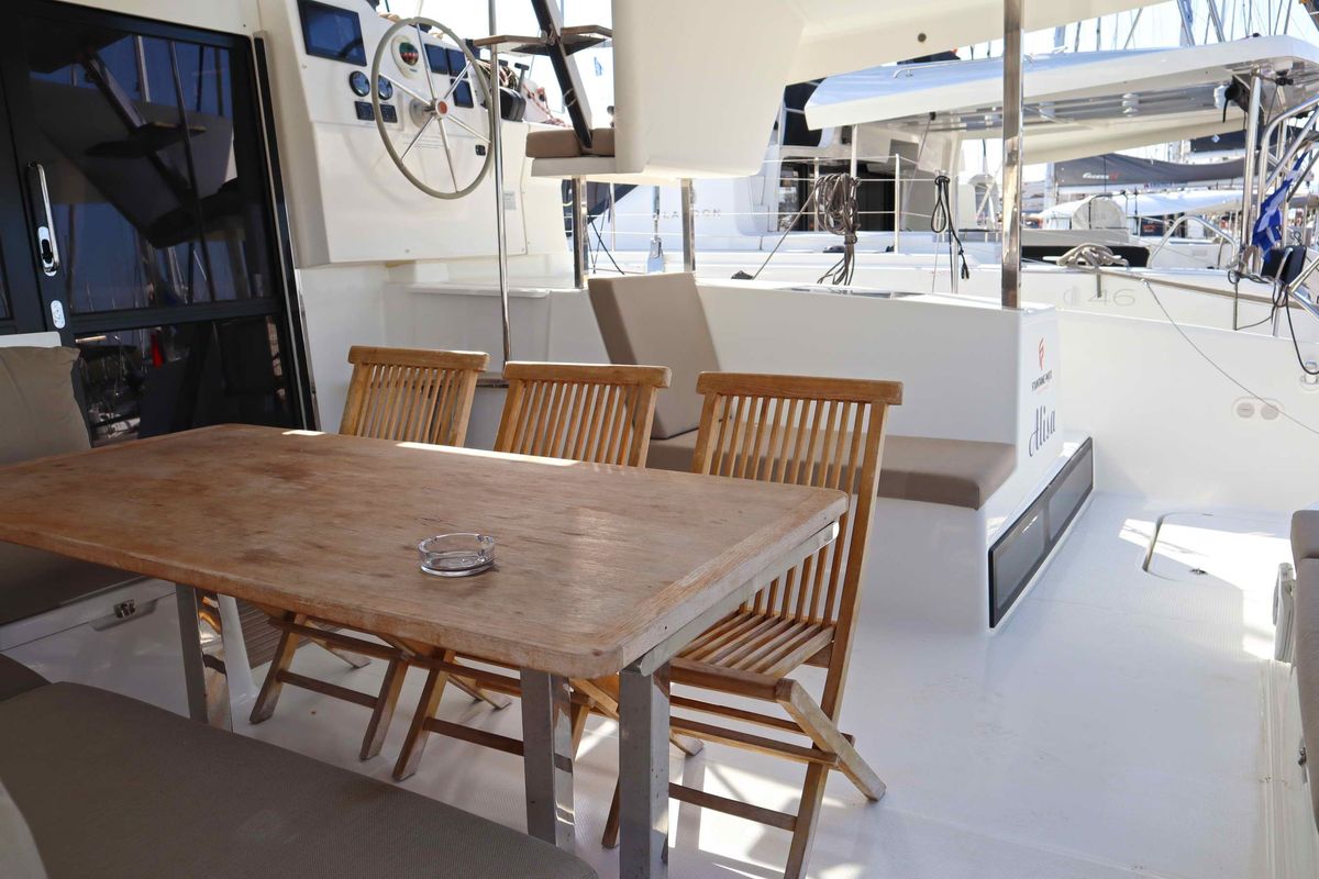 Deck of ALISA, a Fountaine Pajot Lucia 40 catamaran at Municipal Unit of Lefkada, Greece